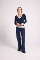 Pull Col V Rib Couleur Zephana - Bleu Marine Blanc