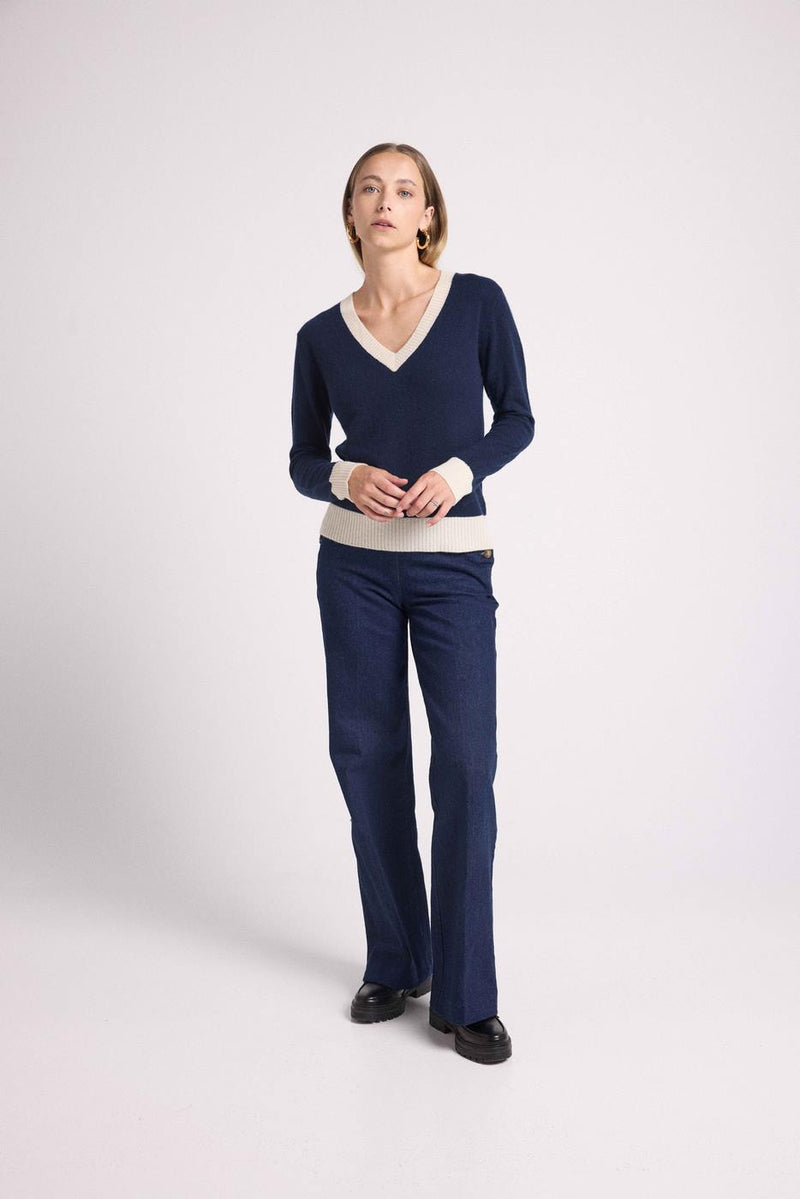 Pull Col V Rib Couleur Zephana - Bleu Marine Blanc