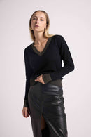Pull Col V Rib Couleur Zephana - Noir Doré