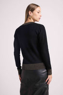 Pull Col V Rib Couleur Zephana - Noir Doré