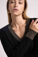 Pull Col V Rib Couleur Zephana - Noir Doré