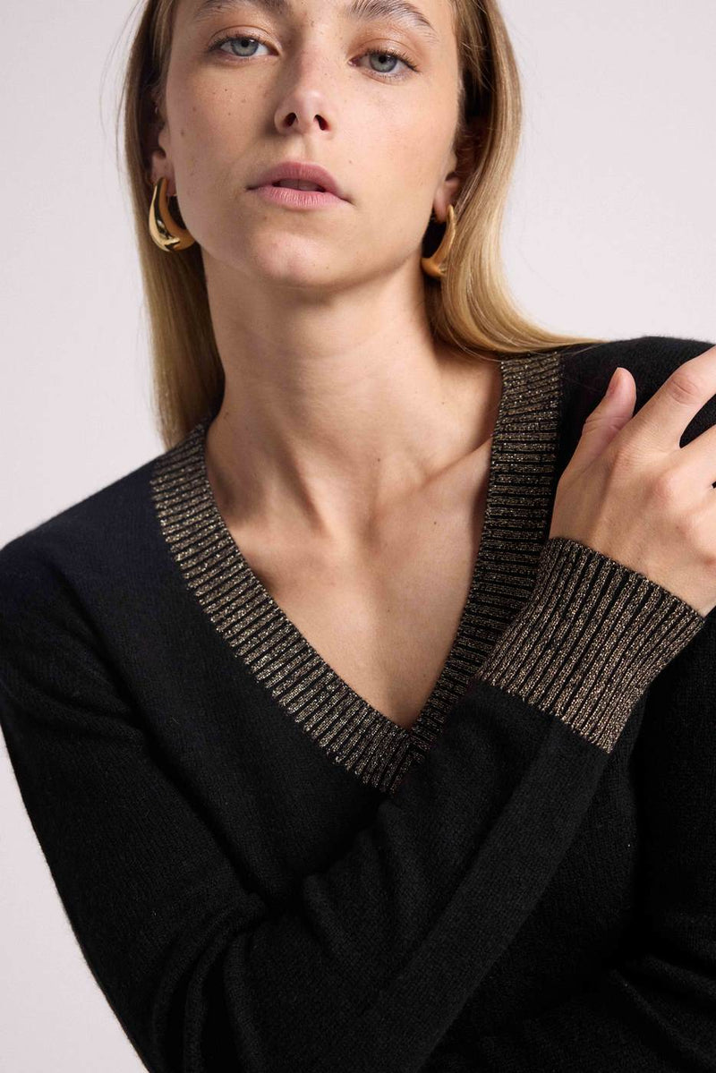 Pull Col V Rib Couleur Zephana - Noir Doré