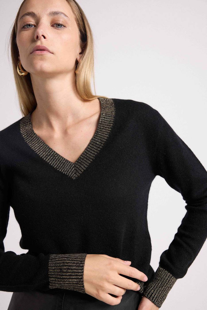 Pull Col V Rib Couleur Zephana - Noir Doré