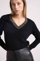 Pull Col V Rib Couleur Zephana - Noir Doré