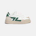 White and green sneakers with thick sole. These sneakers are vegan and made from recycled materials