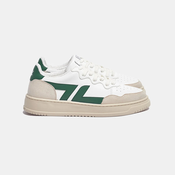 White and green sneakers with thick sole. These sneakers are vegan and made from recycled materials