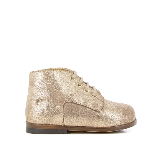 Pom d'Api – Clotaire - Zeus Derby - Taupe/Platine, chaussure montante pour enfant, de couleur dorée et à paillettes, vue de profil