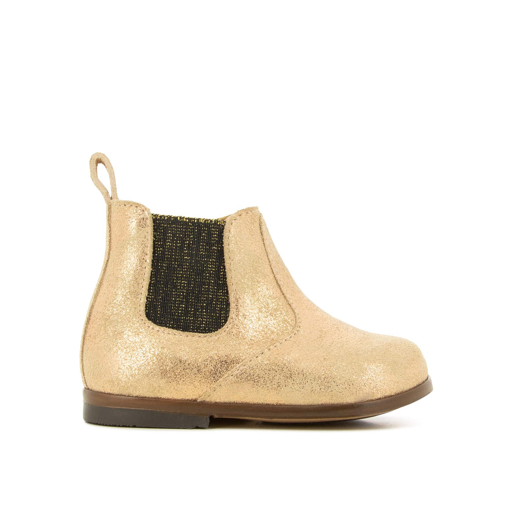 Pom d'Api – Clotaire - Zeus Zip Elast - Cuivre, chaussure enfant dorée à paillettes, vue de profil sur fond blanc
