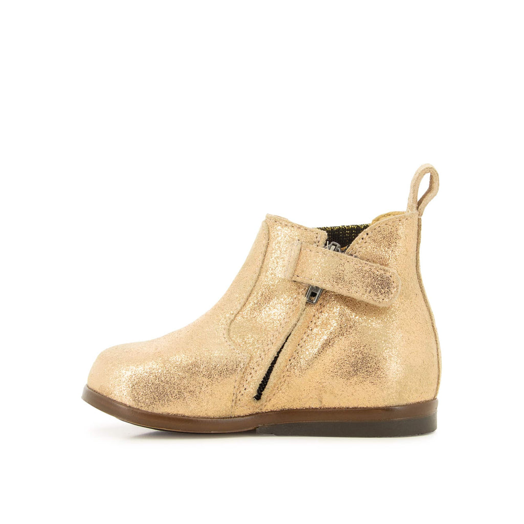 Pom d'Api – Clotaire - Zeus Zip Elast - Cuivre, chaussure montante pour enfant, couleur or, vue de profil sur fond blanc