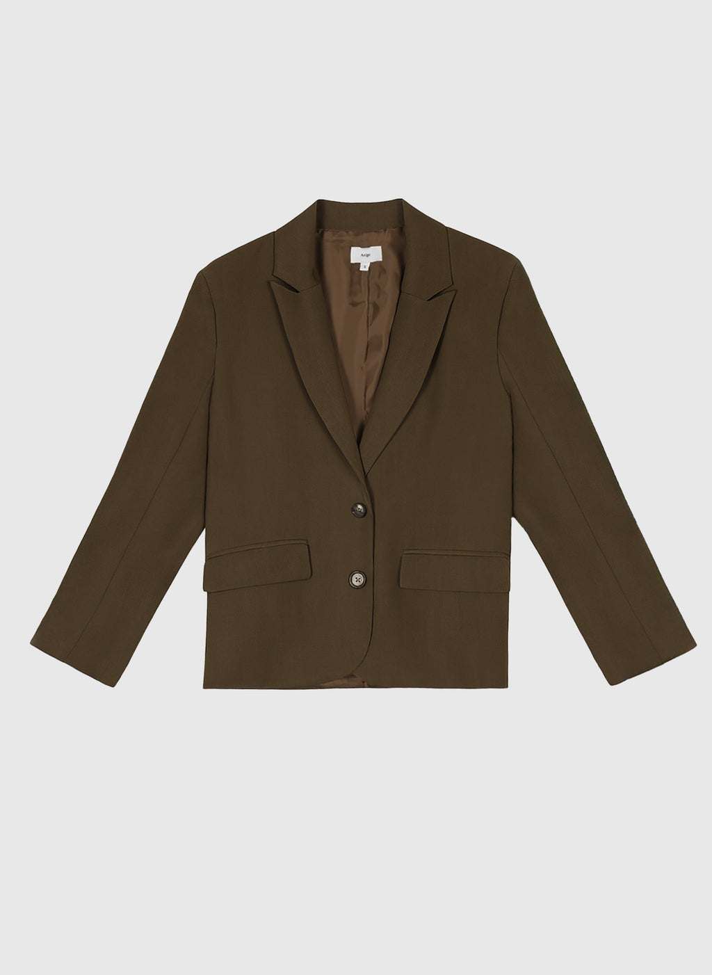 An'ge – Veste Ziani Militaire, blazer marron foncé, vue de face, sur fond uni
