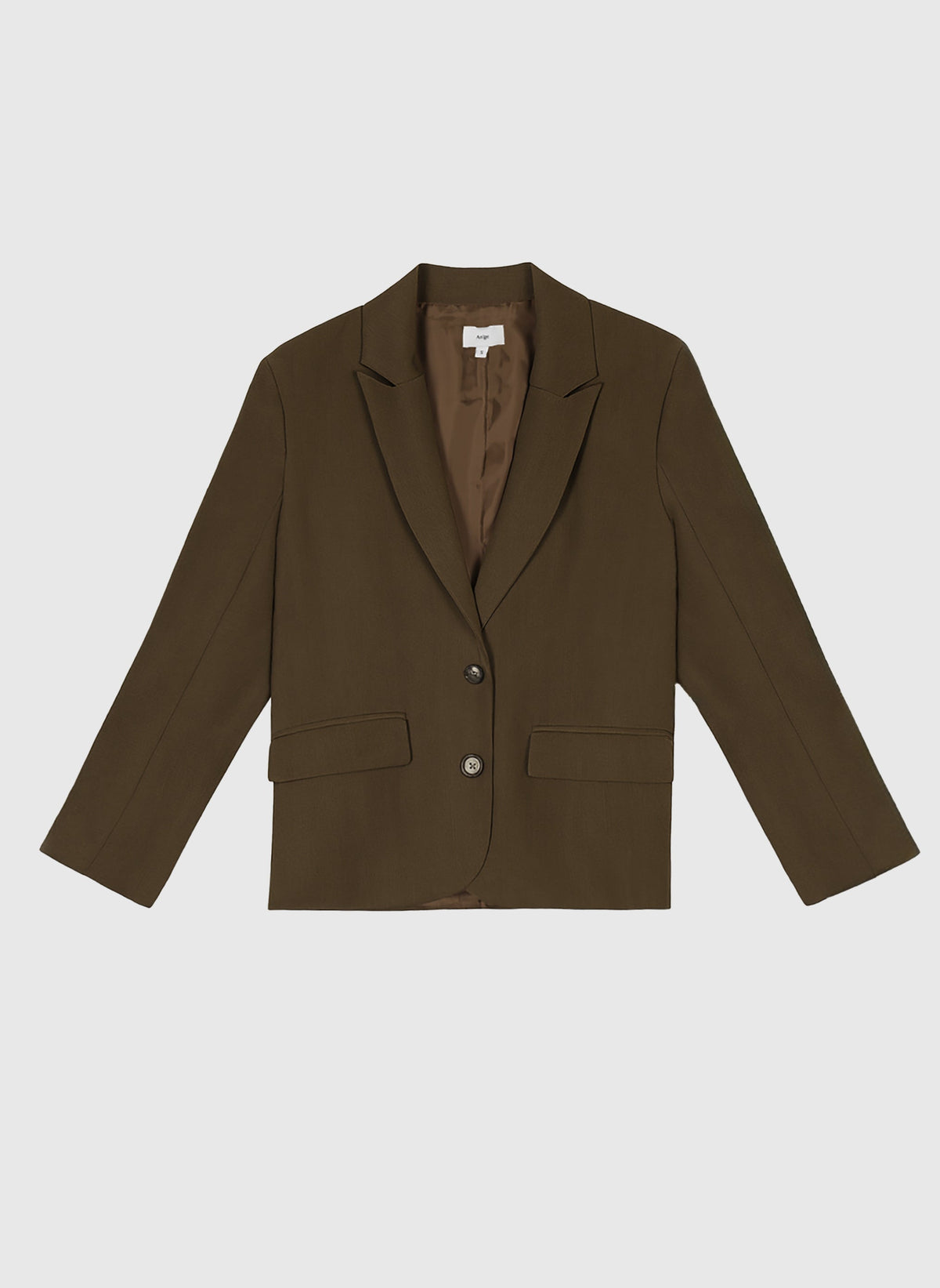 An'ge – Veste Ziani Militaire, blazer marron foncé, vue de face, sur fond uni