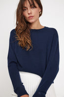 Zia Boxy Round Neck Sweater - Navy - 100% Oeko-Tex Cashmere - Woman