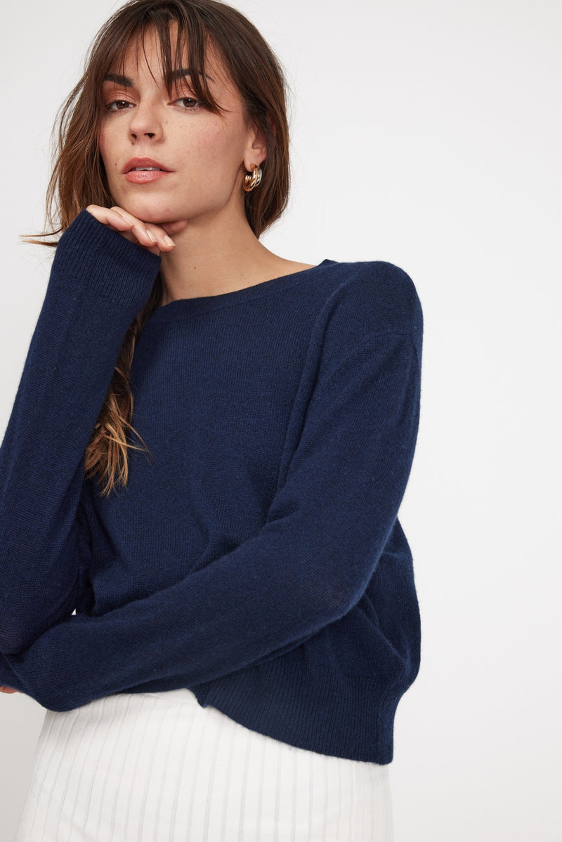 Zia Boxy Round Neck Sweater - Navy - 100% Oeko-Tex Cashmere - Woman