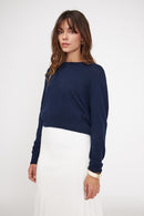 Zia Boxy Round Neck Sweater - Navy - 100% Oeko-Tex Cashmere - Woman