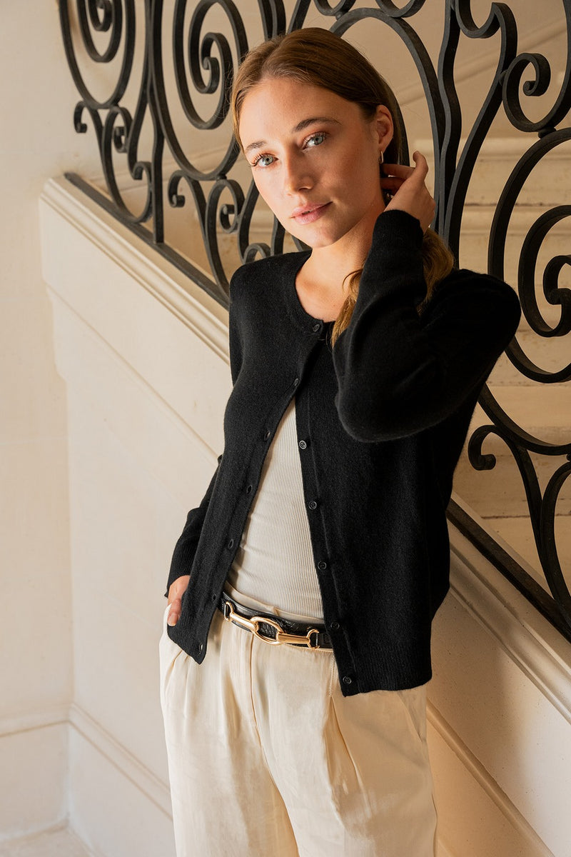 Zika Round Neck Cardigan - Black - 100% Cashmere Oeko-Tex - Woman