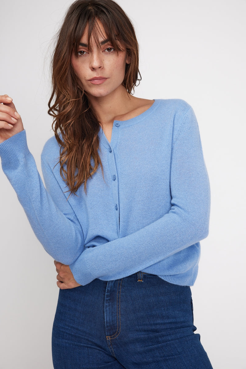 Cardigan Col Rond Zika - Bleu Ciel - 100% Cachemire Oeko-Tex - Femme