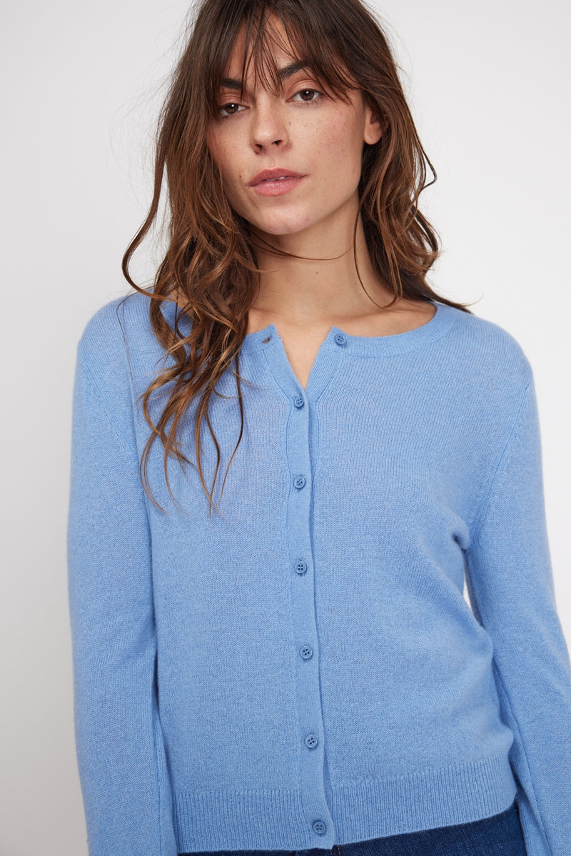 Cardigan Col Rond Zika - Bleu Ciel - 100% Cachemire Oeko-Tex - Femme