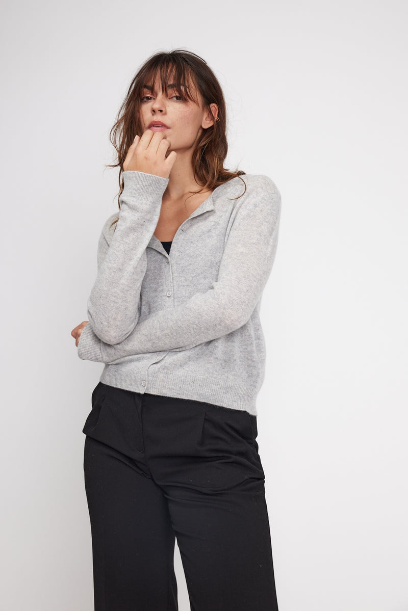 Zika Round Neck Cardigan - Pearl Grey - 100% Cashmere Oeko-Tex - Woman