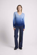 Dip Dye Zip Zie V-Neck Sweater - Blue - 100% Cashmere Oeko-Tex - Woman