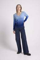 Dip Dye Zip Zie V-Neck Sweater - Blue - 100% Cashmere Oeko-Tex - Woman