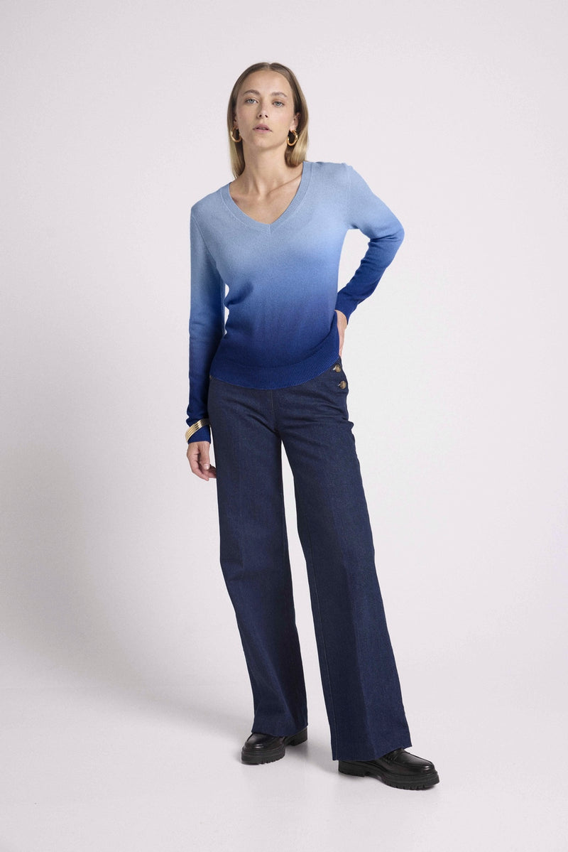 Dip Dye Zip Zie V-Neck Sweater - Azul - 100% Cachemira Oeko-Tex - Mujer