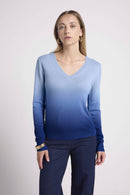 Dip Dye Zip Zie V-Neck Sweater - Azul - 100% Cachemira Oeko-Tex - Mujer