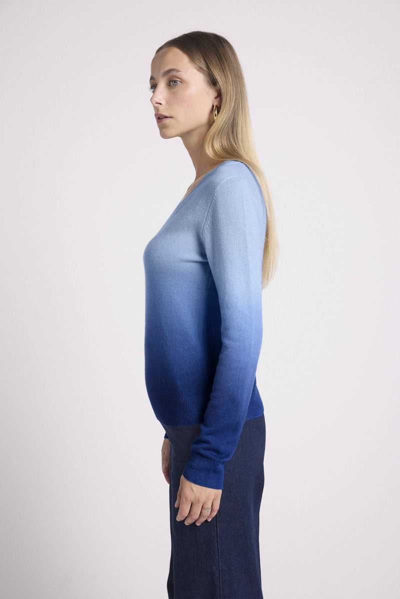 Dip Dye Zip Zie V-Neck Sweater - Blue - 100% Cashmere Oeko-Tex - Woman