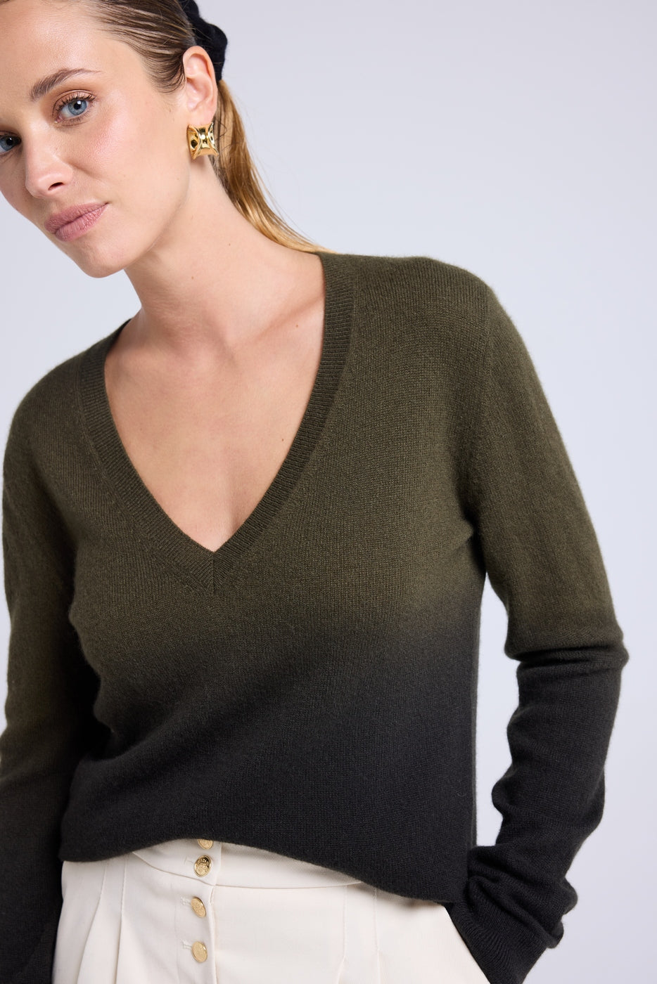 Maglione Scollo a V Dip Dye Zip - Verde
