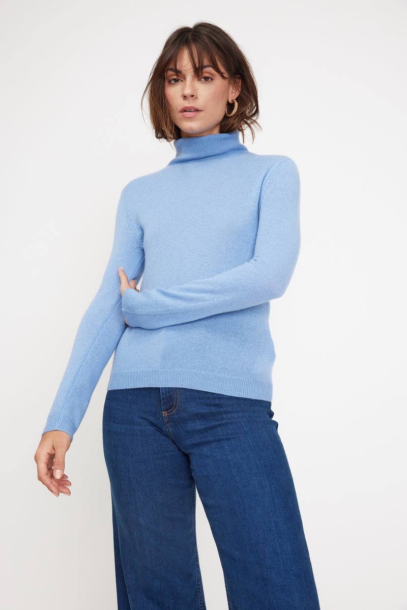 Pull Col Roulé Zoe - Bleu Ciel - 100% Cachemire Oeko-Tex - Femme