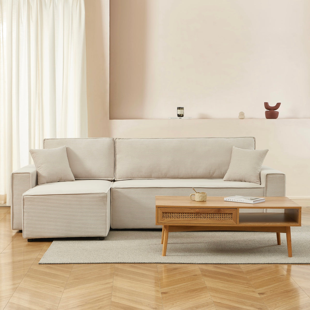 Zola - Sofá rinconero convertible y reversible de 4 plazas - Pana beige