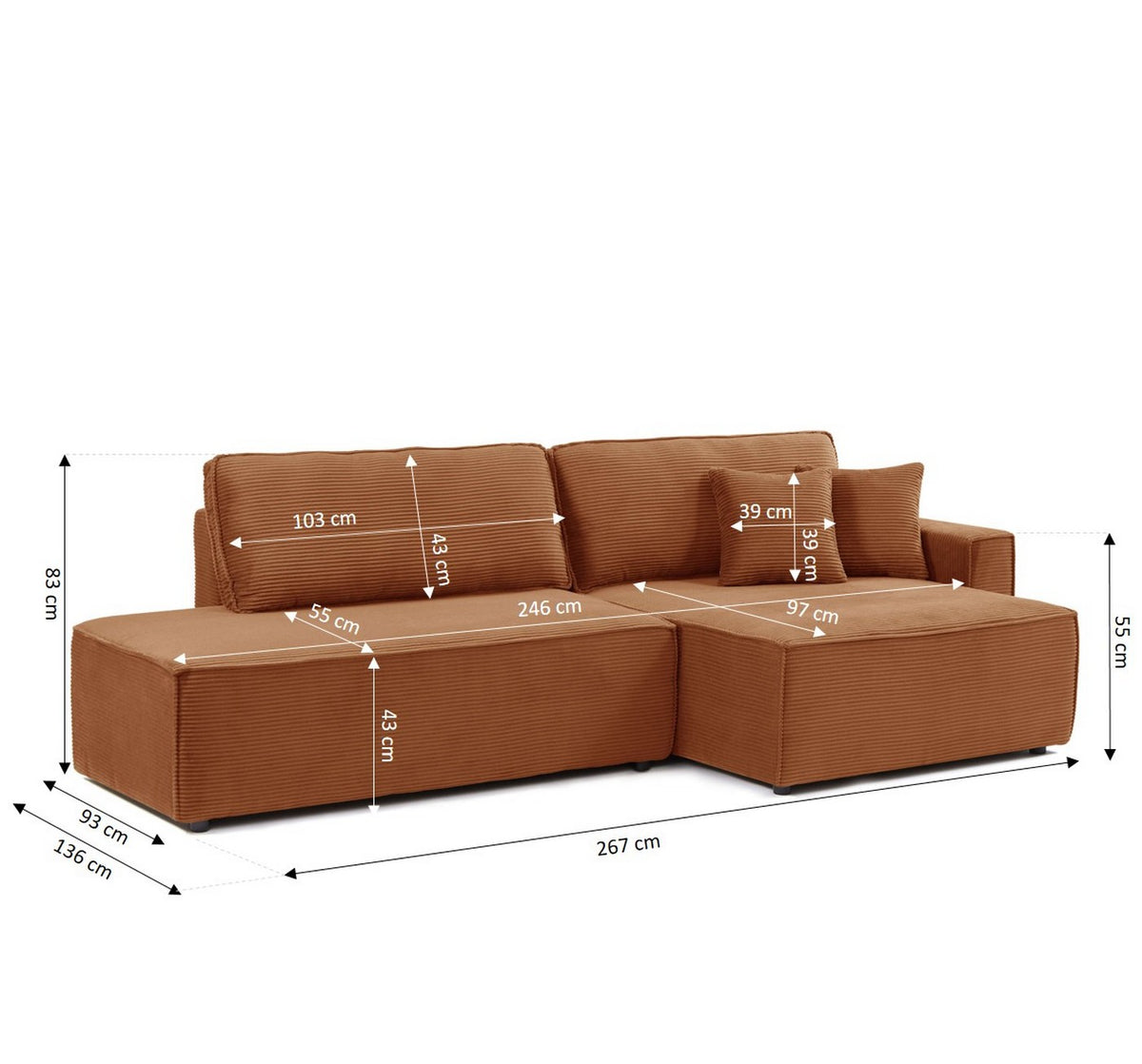 Zola - Divano angolare destro aperto trasformabile a 4 posti - Velluto a coste - Terracotta