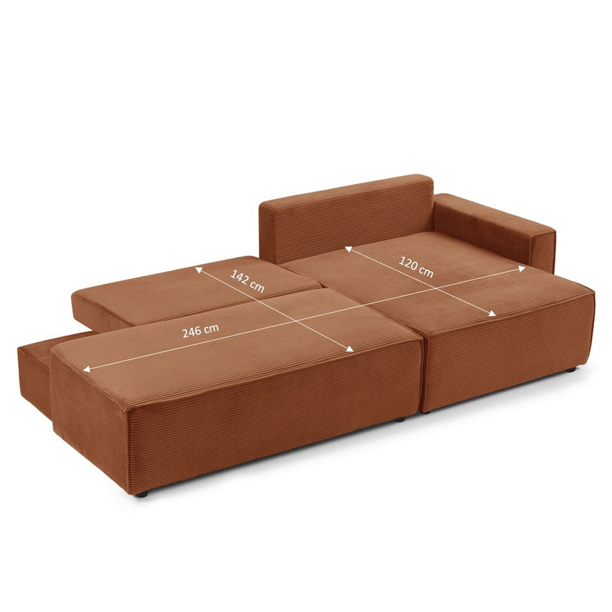Zola - Divano angolare destro aperto trasformabile a 4 posti - Velluto a coste - Terracotta