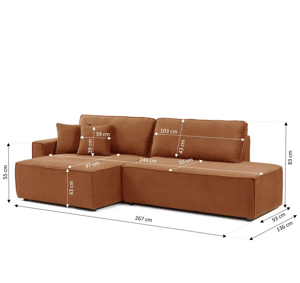 Zola - Divano angolare aperto a sinistra, trasformabile, a 4 posti - Velluto a coste - Terracotta