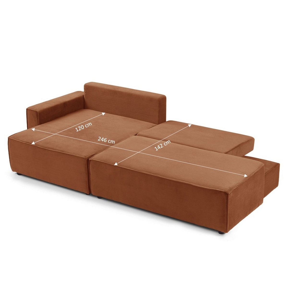 Zola - Divano angolare aperto a sinistra, trasformabile, a 4 posti - Velluto a coste - Terracotta