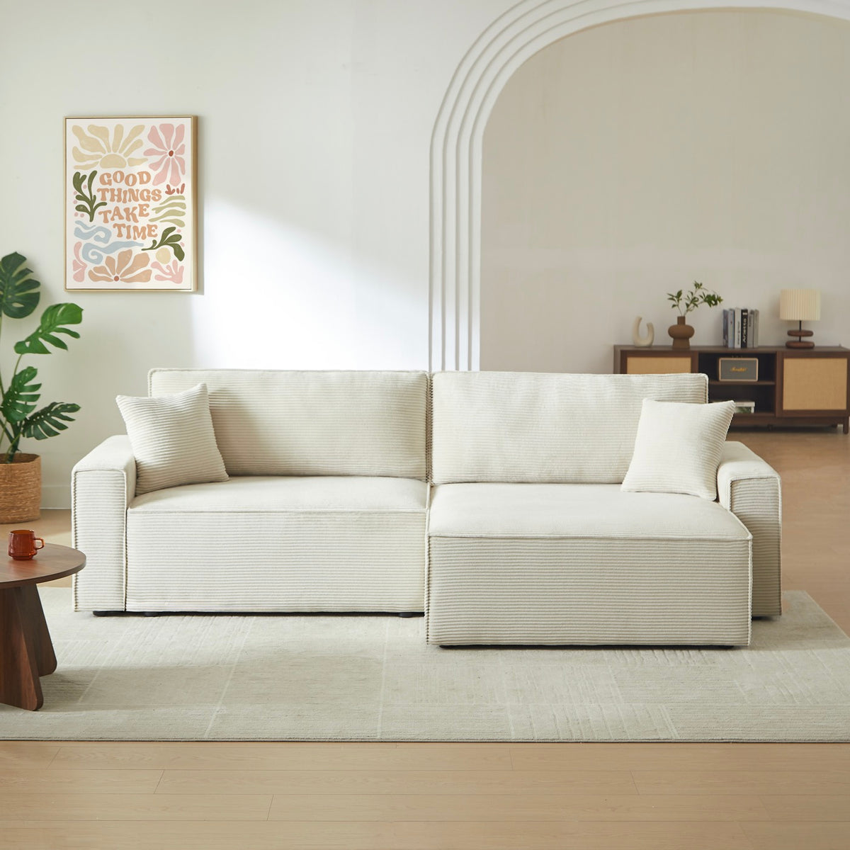 Zola - Divano angolare trasformabile e reversibile a 4 posti - Velluto a coste beige