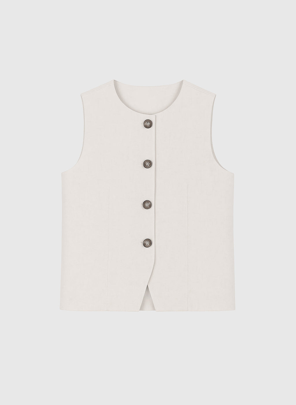 An'ge – Gilet De Costume Zola Lin, gilet sans manches beige clair avec boutons marron, vue de face