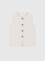 An'ge – Gilet De Costume Zola Lin, gilet sans manches beige clair avec boutons marron, vue de face
