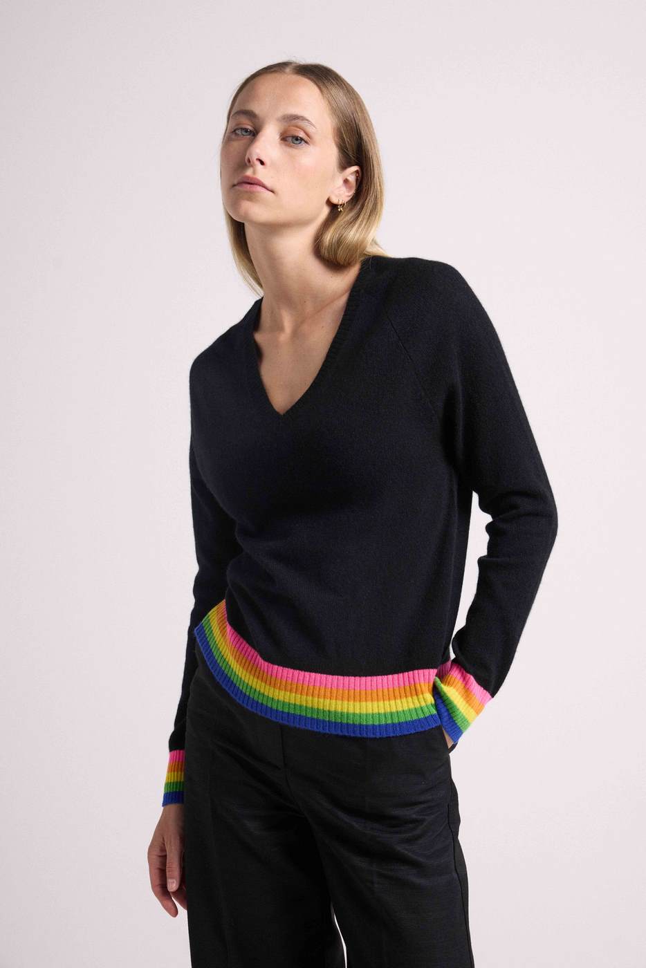 Maglione Scollo a V Arcobaleno Rib Zora - Nero