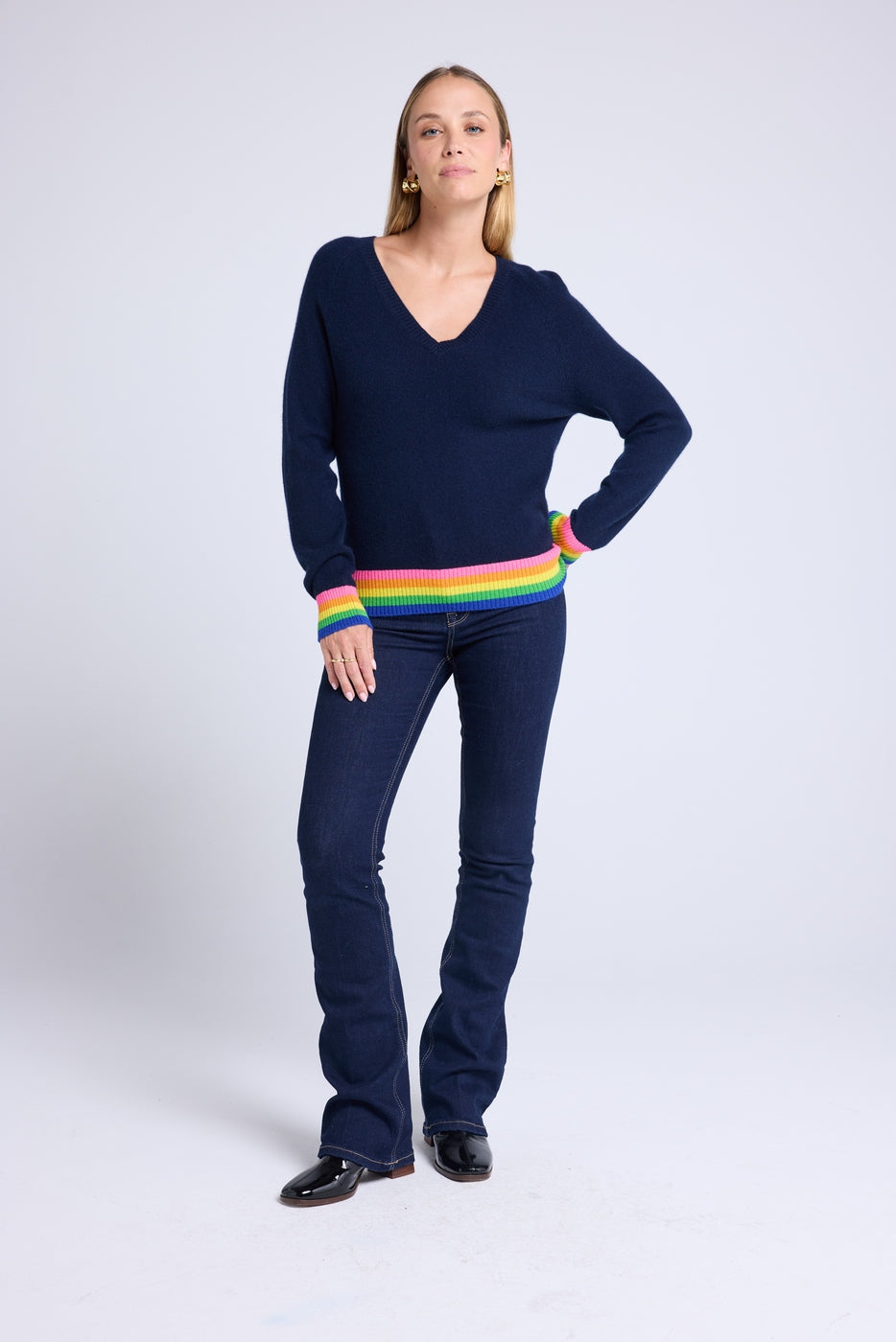 Pull Col V Arc En Ciel Rib Zora - Bleu Marine