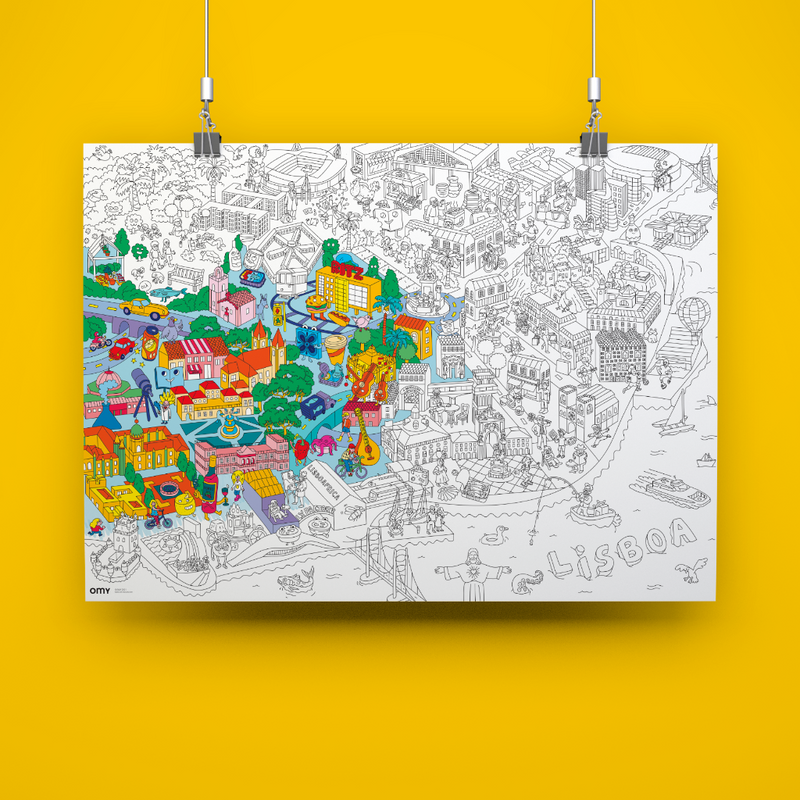 Poster de Lisbonne colorié accroché au mur, illustration détaillée de la ville