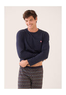 Ensemble Pyjama Haut Bleu Marine Et Bas Fantaisie En Coton - Pyjama Manuel Haut Manches Longues Uni Marine Et Bas Long Fantaisie