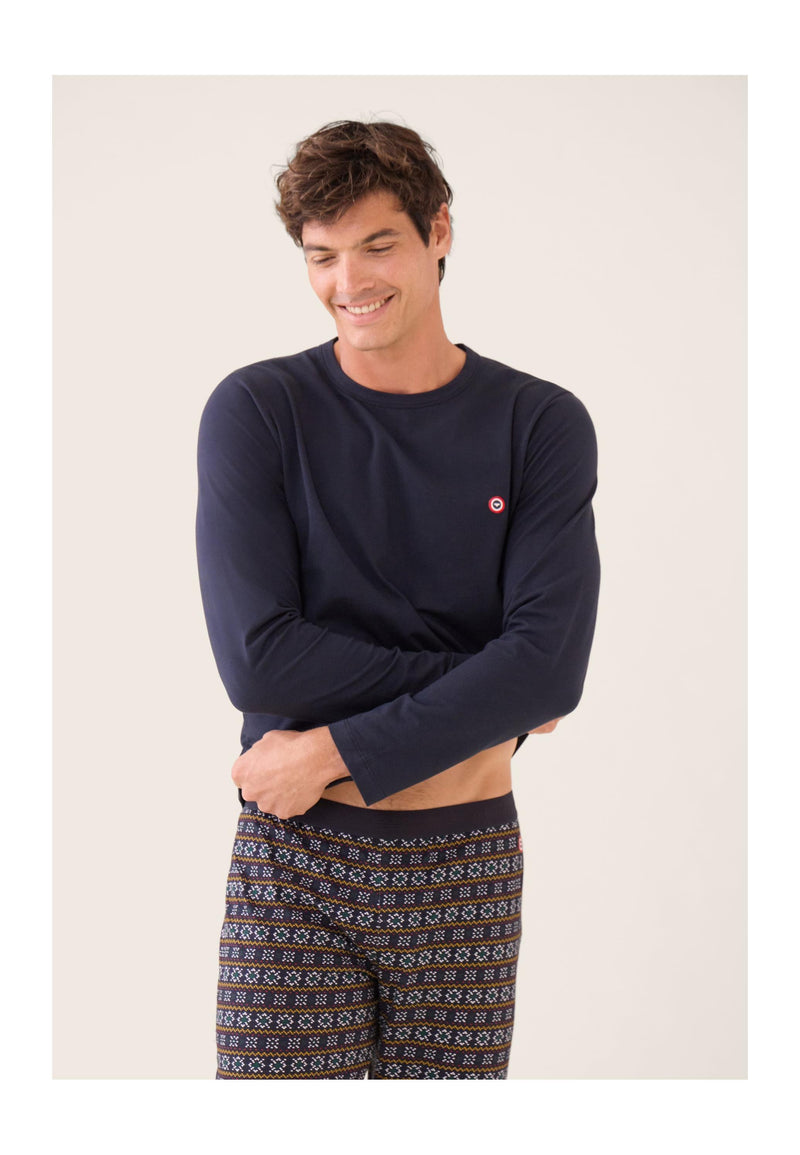 Ensemble Pyjama Haut Bleu Marine Et Bas Fantaisie En Coton - Pyjama Manuel Haut Manches Longues Uni Marine Et Bas Long Fantaisie