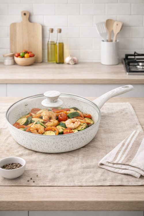 Poêle 28 Cm « Stonewhite » Avec Un Couvercle De Poignée Effet Bois Blanc