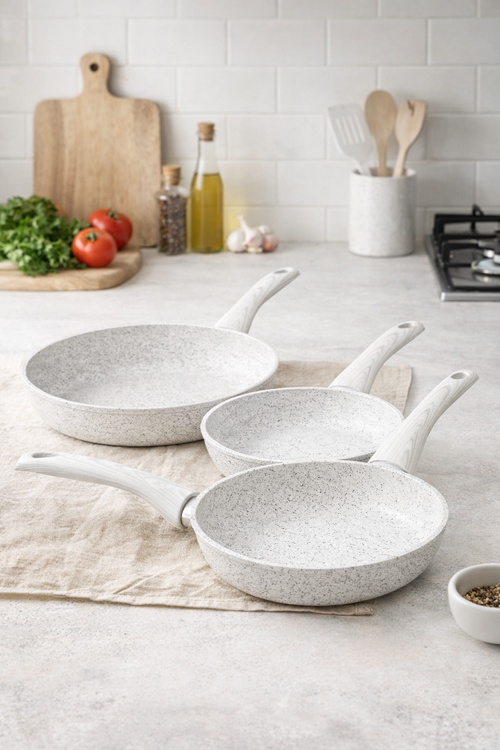 Ensemble De 3 Pièces, Poêles Ø 20, 24, 28 Cm Poignées « Stonewhite » Design Bois Blanc