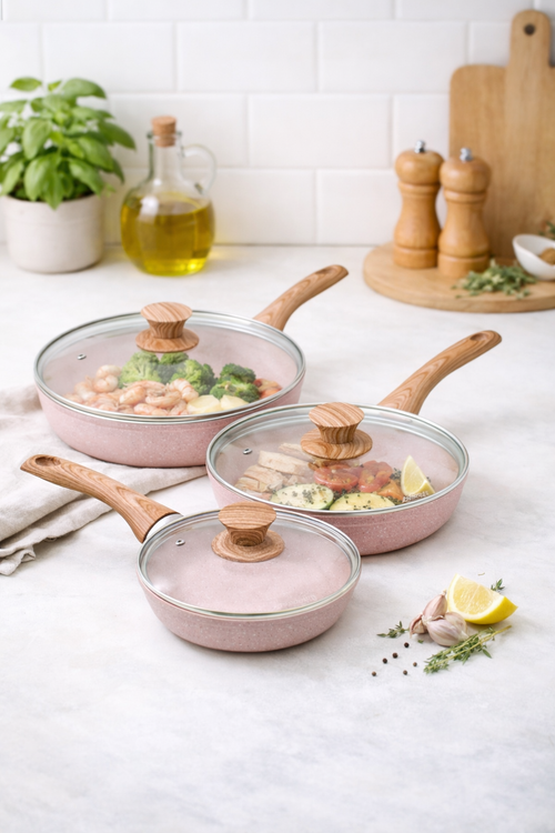 Ensemble De 6 Pièces - Goupille À Frire 20/ 24/ 28 CM. Avec Des Couvercles « Stonerose » Réalisent Un Design En Bois Rose Naturel