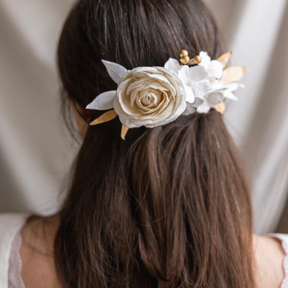 Peigne Fleurs En Papier Blanc Et Doré