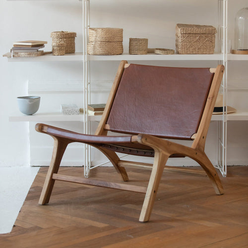 Kuna - Fauteuil En Teck Et Cuir Lisse Marron
