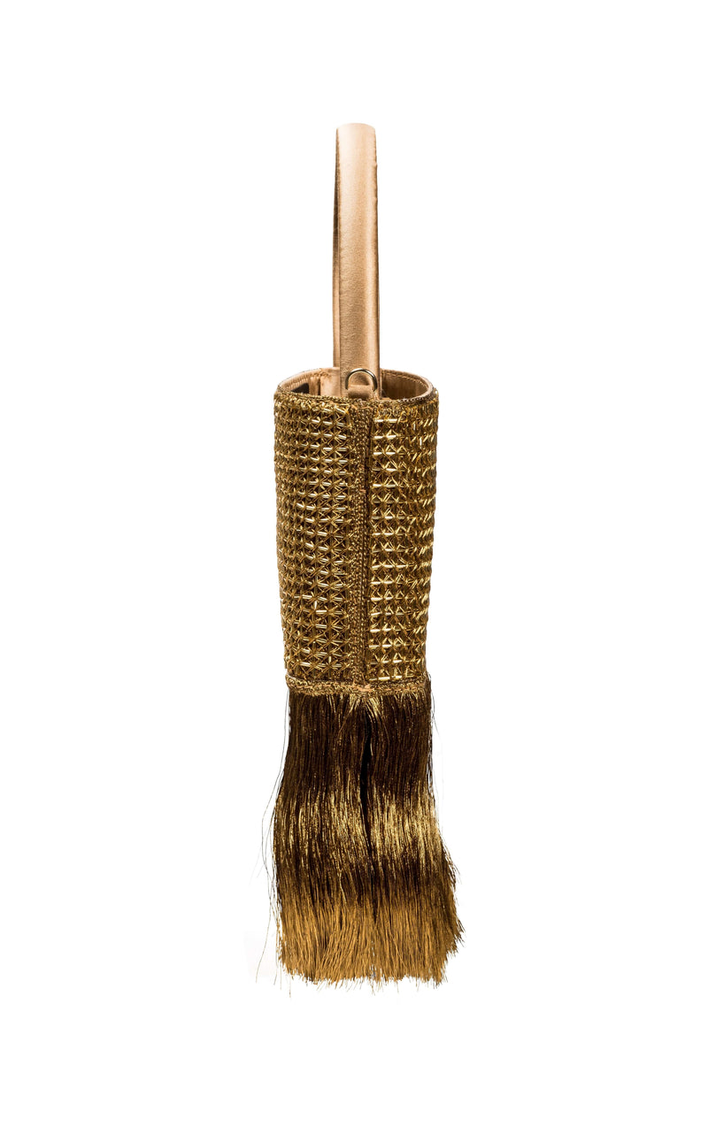 Adia Antique Gold Mini Tote Bag featuring metallic cage embroidery and fringe details, ideal for any occasion.