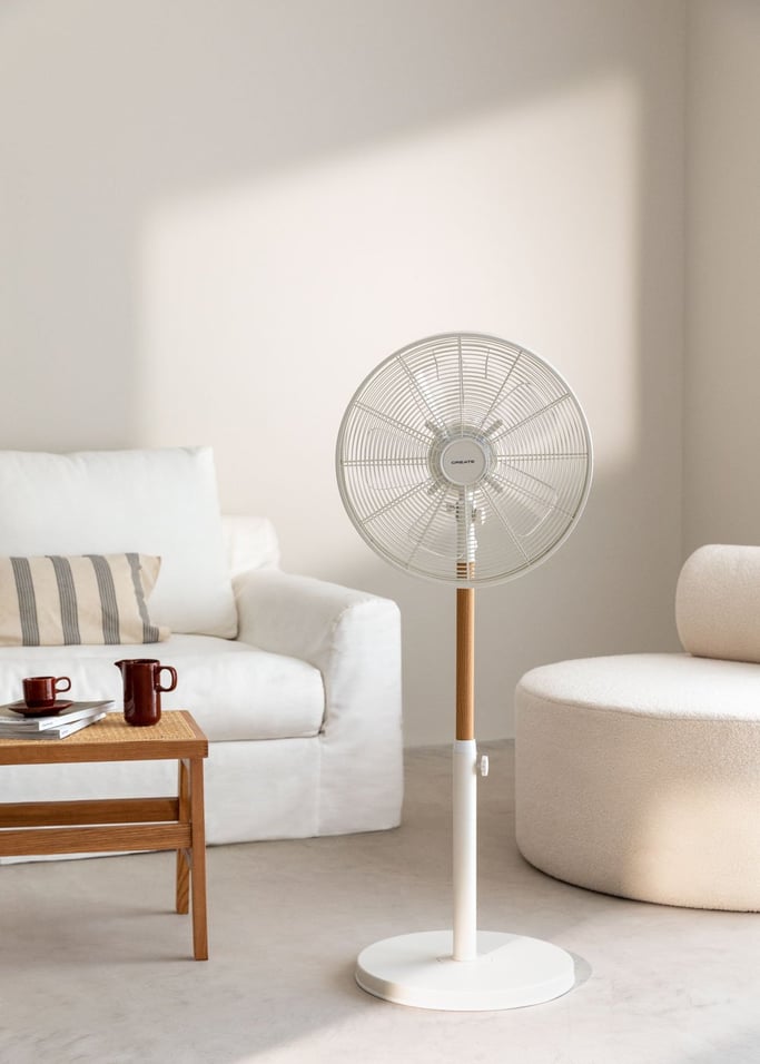 Air Stand Wood - Ventilateur Sur Pied Réglable Oscillant De Style Rétro 50 W - Blanc Cassé