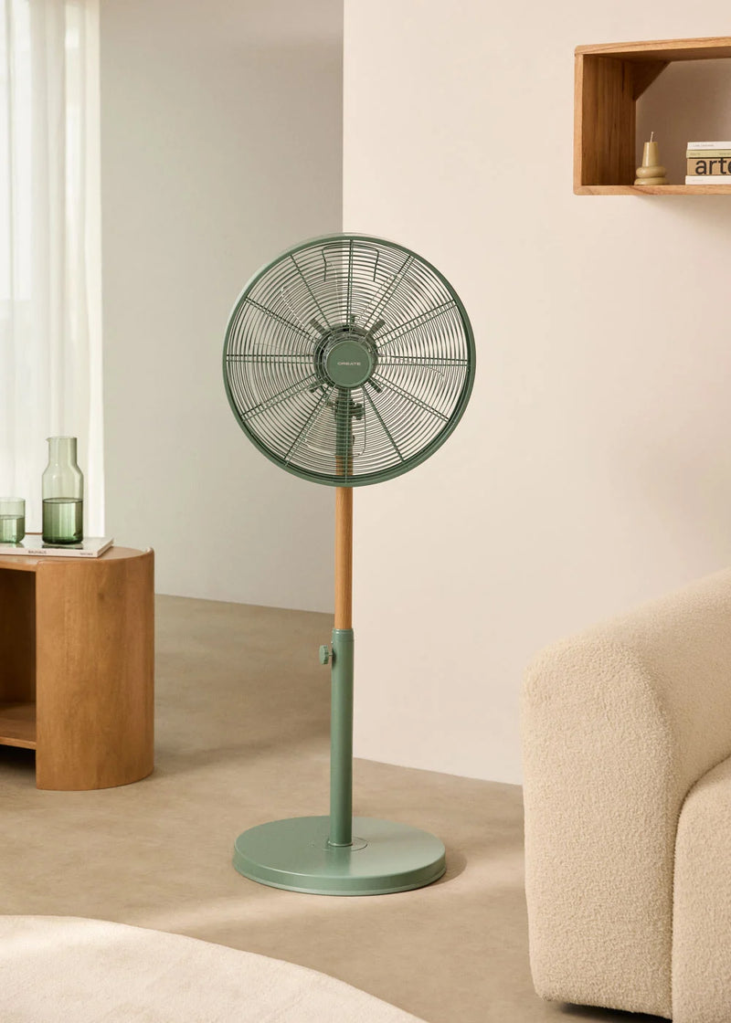 Air Stand Wood - Ventilateur Sur Pied Réglable Oscillant De Style Rétro 50 W - Hauteur Réglable - Vert Sauge